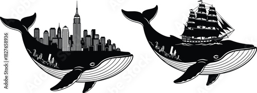 Two whales with cityscape and sailing ship on backs, surreal black white illustration blending nature and civilization themes, flat vector