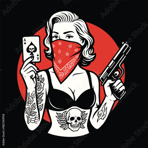 Vintage Pin-up Woman with Bandana, Pistol, and Ace of Spades Card