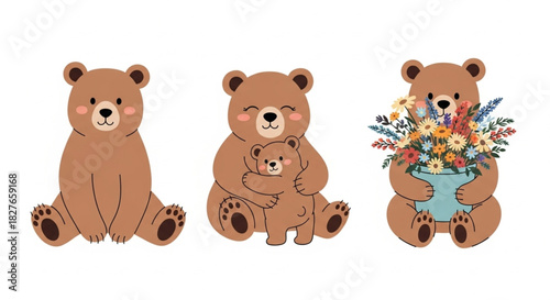 Adorable bears celebrating motherhood with love and flowers for heartwarming designs and children's projects, perfect for greeting cards and nursery decor