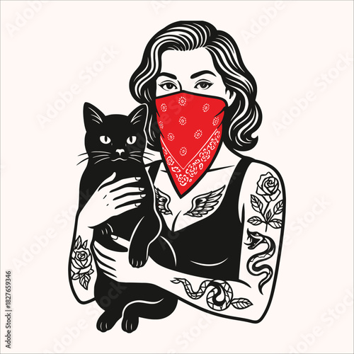Vintage Pin-up Woman with Bandana and Black Cat Illustration