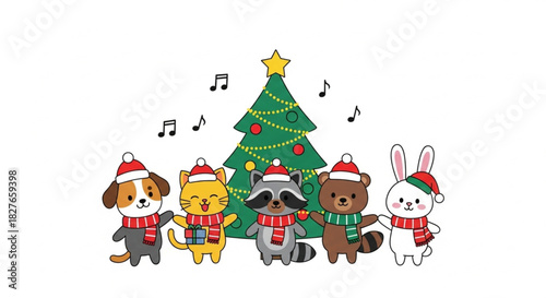 Cute Christmas animals singing carols around the tree, spreading holiday cheer with joyful tunes and heartwarming festive spirit, perfect for seasonal greetings