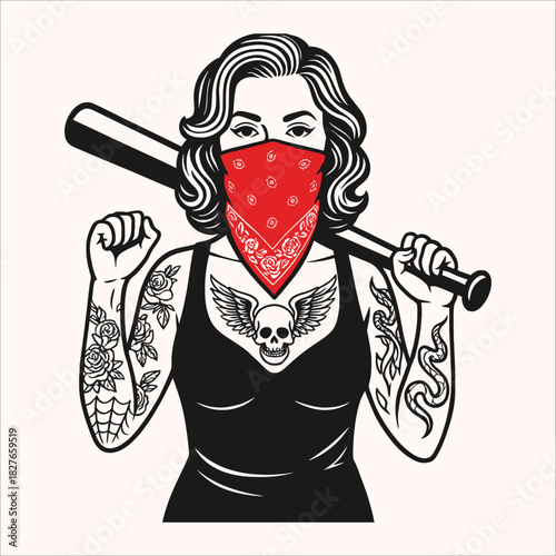 Vintage Pin-up Woman with Bandana, Baseball Bat, and Tattoos