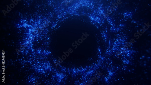 Blue digital particles forming a vortex ring with a futuristic high-tech look on a dark space background. Energetic circular movement with neon light effect and dynamic depth.