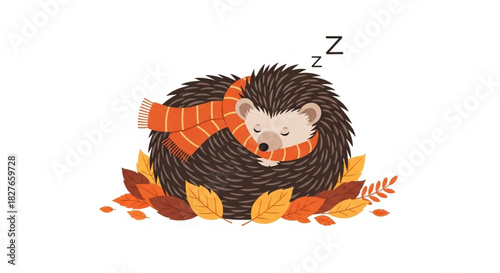Adorable sleeping hedgehog nestled in autumn leaves wearing a cozy scarf for children's books and educational materials about hibernation and fall
