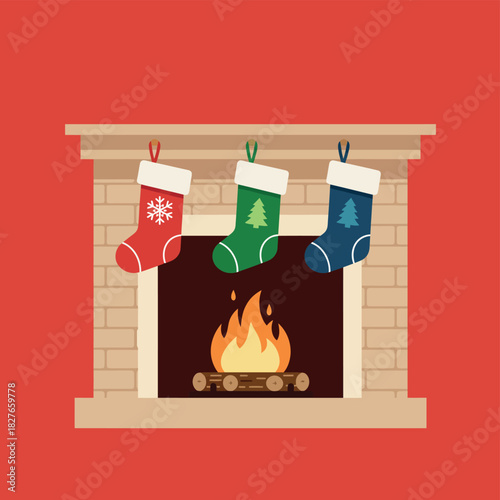 Festive Fireplace Scene with Christmas Stockings and Warm Fire.
