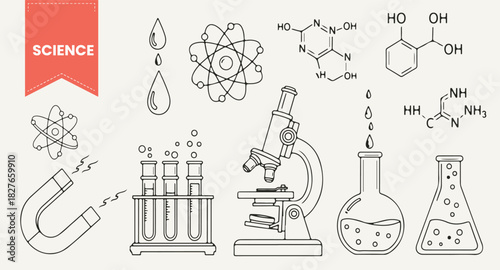 Hand Drawn Science Vector Set | Outline Icons of Microscope, Test Tubes, Flasks, Atom Model, Magnet, and Chemical Formulas for Education and Research.