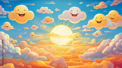 Smiling cartoon clouds and sun in a vibrant, happy sky illustration. Whimsical background with cheerful characters, ideal for positive themes, children's content, and bright designs.