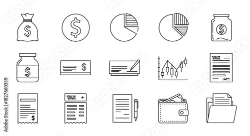 Financial line icons with money charts, documents, and payments