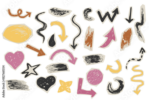 Cutout torn paper pieces geometric shapes, arrows, grunge crayon hand drawn set. Collage funky, groovy retro doodle parts, scrapbook elements, design