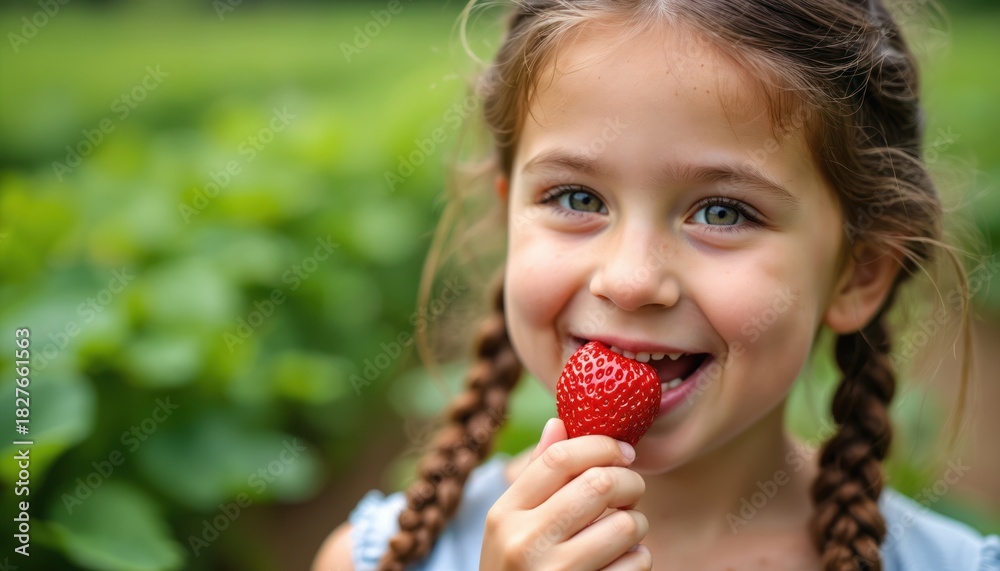 Fototapeta premium Young girl with braided hair enjoys ripe strawberry standing in sunlit garden. Smiles brightly, savoring sweet, juicy berry. Photo moment of pure childhood joy, simple pleasures.