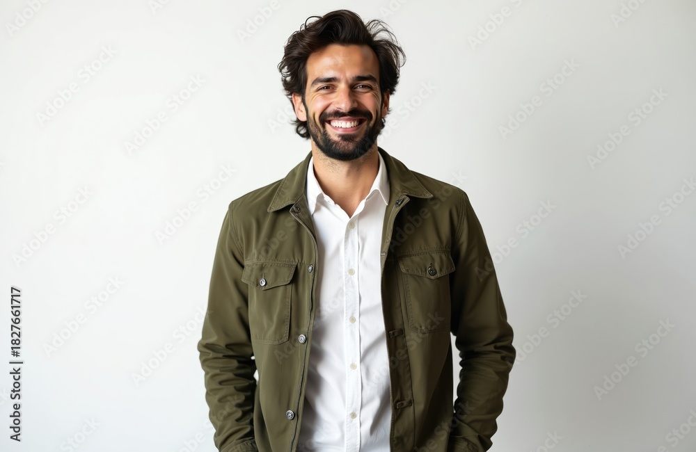 Fototapeta premium Young man in olive jacket smiles. He wears white shirt and looks directly at camera. Studio portrait with plain white background. Casual yet smart style for business or personal use.