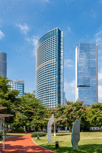 Modern urban architecture and parks/grasslands