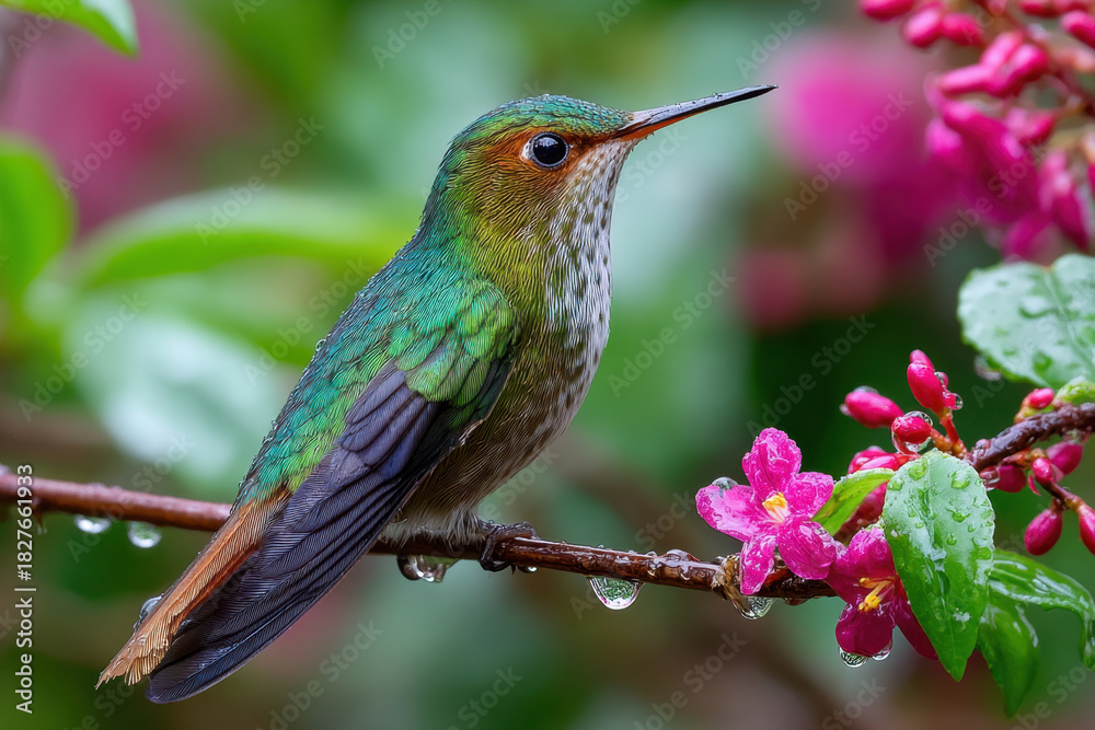 Fototapeta premium Hummingbird Perched on Branch After Rain