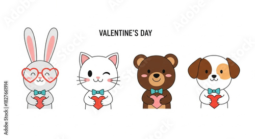 Valentine's Day cuteness overload with a bunny, cat, bear, and dog all holding hearts and ready to spread love this February holiday season