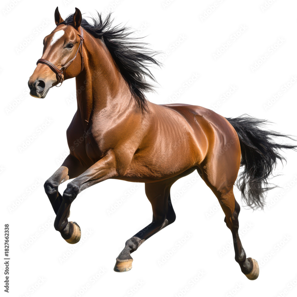 Fototapeta premium Realistic galloping horse PNG cutout, brown bay stallion with black mane and tail, equine animal illustration isolated