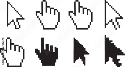 Pixelated Cursor Icons Set Computer Mouse Pointer And Hand Symbols illustration