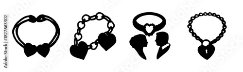 Romantic love and relationship vector set: heart bracelets, couple, padlock