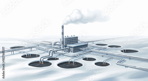 Industrial complex with smoking chimney and processing tanks, illustrating manufacturing, energy production, and the potential environmental impact of factory emissions and waste