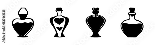 Stylized black potion bottles and magical elixirs collection on white background
