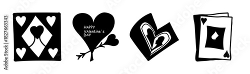 Hand-drawn hearts and a spade card, love romance valentine's day symbols set