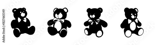 Collection of four sitting teddy bear icons with bow ties and white accents