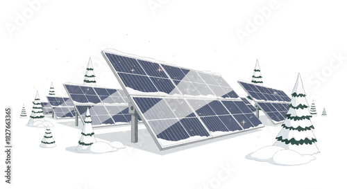 Solar panels covered in snow, showcasing renewable energy infrastructure in a winter environment with stylized evergreen trees