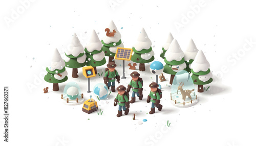 Winter Forest Adventure A Group of Explorers and Wildlife in the Snow