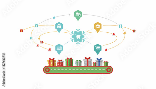 Abstract graphic visualizing a global shopping network with gift boxes on a conveyor belt