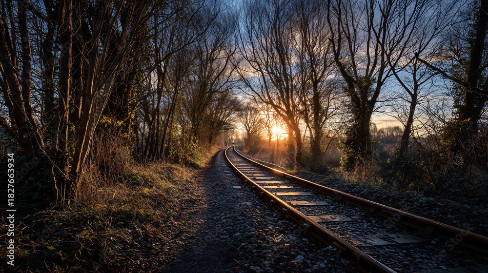 Fototapeta premium Railway curve framed by leafless brambles fiery sun disk golden hour tranquil winter landscape dramatic sky serene mood nature travel