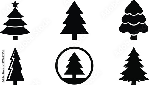 Set of 6 Black Christmas Tree Silhouettes, Various Pine and Fir Vector Icons for X-mas Holiday Decoration Isolated on White Background