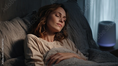 In a calming bedroom, a woman lies peacefully asleep, wrapped in soft blankets. Gentle light filters through the curtains, creating a serene atmosphere perfect for rest