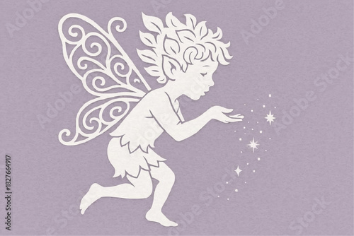 Stencil of a fairy boy figurine scattering sparks in a bizarre pattern. A decorative element for cutting, printing, and decorating windows.