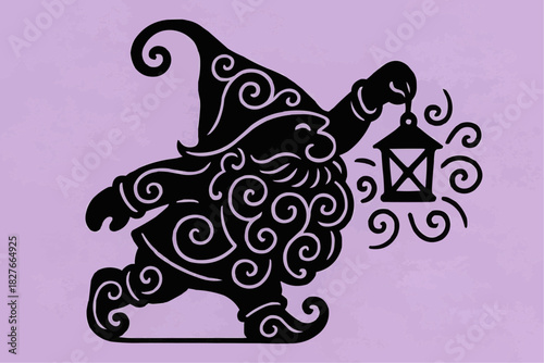 A stencil of a gnome figurine with a lantern decorated with curlicues. A decorative element for cutting, printing, and decorating windows.