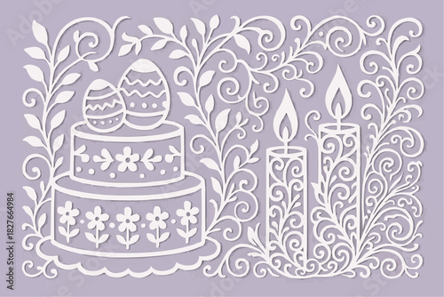 Easter cake stencil with candles and exquisite floral pattern. A decorative element for cutting, printing, and decorating windows.