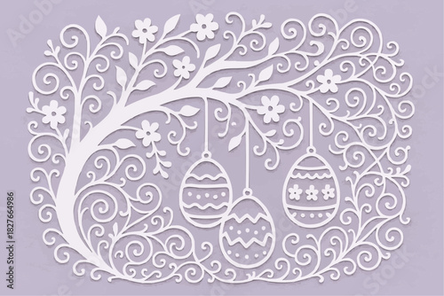 Stencil a tree with suspended Easter eggs and floral accents. A decorative element for cutting, printing, and decorating windows.