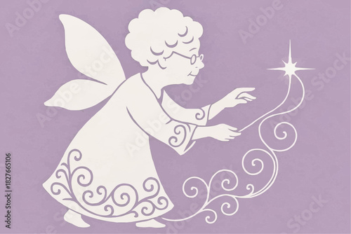 Stencil of a fairy grandmother conjuring with a magic wand. A decorative element for cutting, printing, and decorating windows.