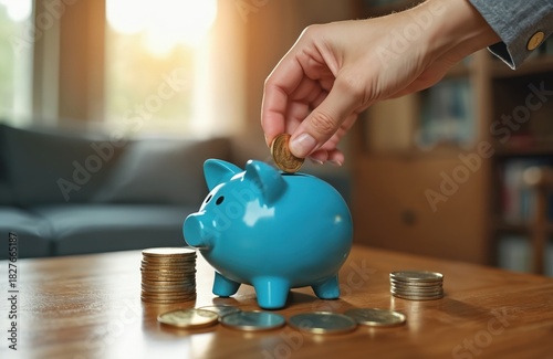 Hand puts gold coin into blue piggy bank on wooden table. Stacks of cash surround money box. Cozy room with soft light. Saving money for future goals.