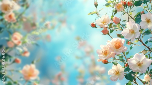 Delicate floral composition featuring soft roses against a tranquil blue sky