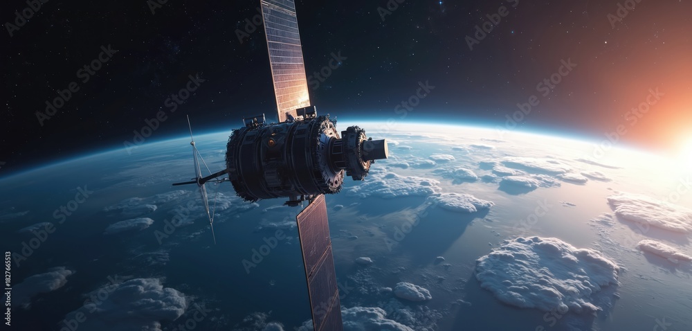 Obraz premium Orbital satellite maps planet Earth with sun rise in cosmos. Spacecraft orbits planet, solar panels collect suns energy. World view from above.