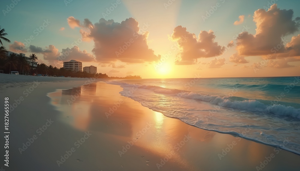 Fototapeta premium Warm sunrise glows over calm ocean waves meeting sandy shore. Palm trees and resort buildings line the coast. Beautiful dawn light paints sky with orange hues. Tranquil beach paradise awaits.