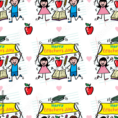 Seamless pattern with children holding a sign with the words Happy Teachers Day.