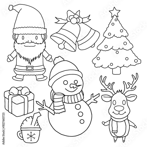 Cute chibi christmas characters and icons vector line art set. Christmas icons Santa Claus, Snowman, Reindeer, Bells, Gift Box, Hot Chocolate symbol