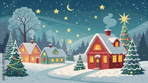 Festive Christmas vector illustration of a snowy winter village with a large decorated Christmas tree, glowing cozy cottages, starry night sky and crescent moon — perfect winter landscape background