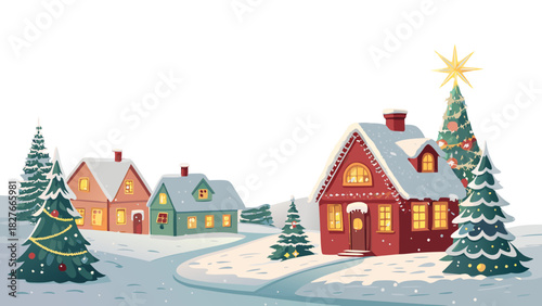 Festive Christmas vector illustration of a snowy winter village with a large decorated Christmas tree, glowing cozy cottages, starry night sky and crescent moon — perfect winter landscape background