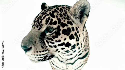 Majestic Jaguar Headshot with Piercing Gaze on White Background.
