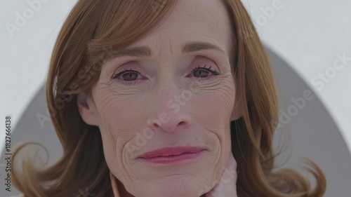 Close-up of a womans face with a slight smile, looking directly at the camera.