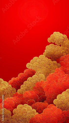 Vibrant red background with Chinese design of golden clouds for card and website design. Illustration for poster and social media post.