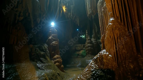 Exploring the Majestic Depths of a Limestone Cave with Stalactites and Stalagmites.