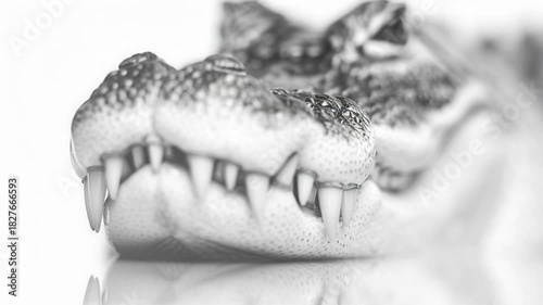 Close-up of an Alligators Jaw and Teeth in Black and White.