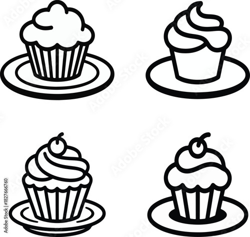 Set of four cupcake illustrations with different frosting styles and toppings
